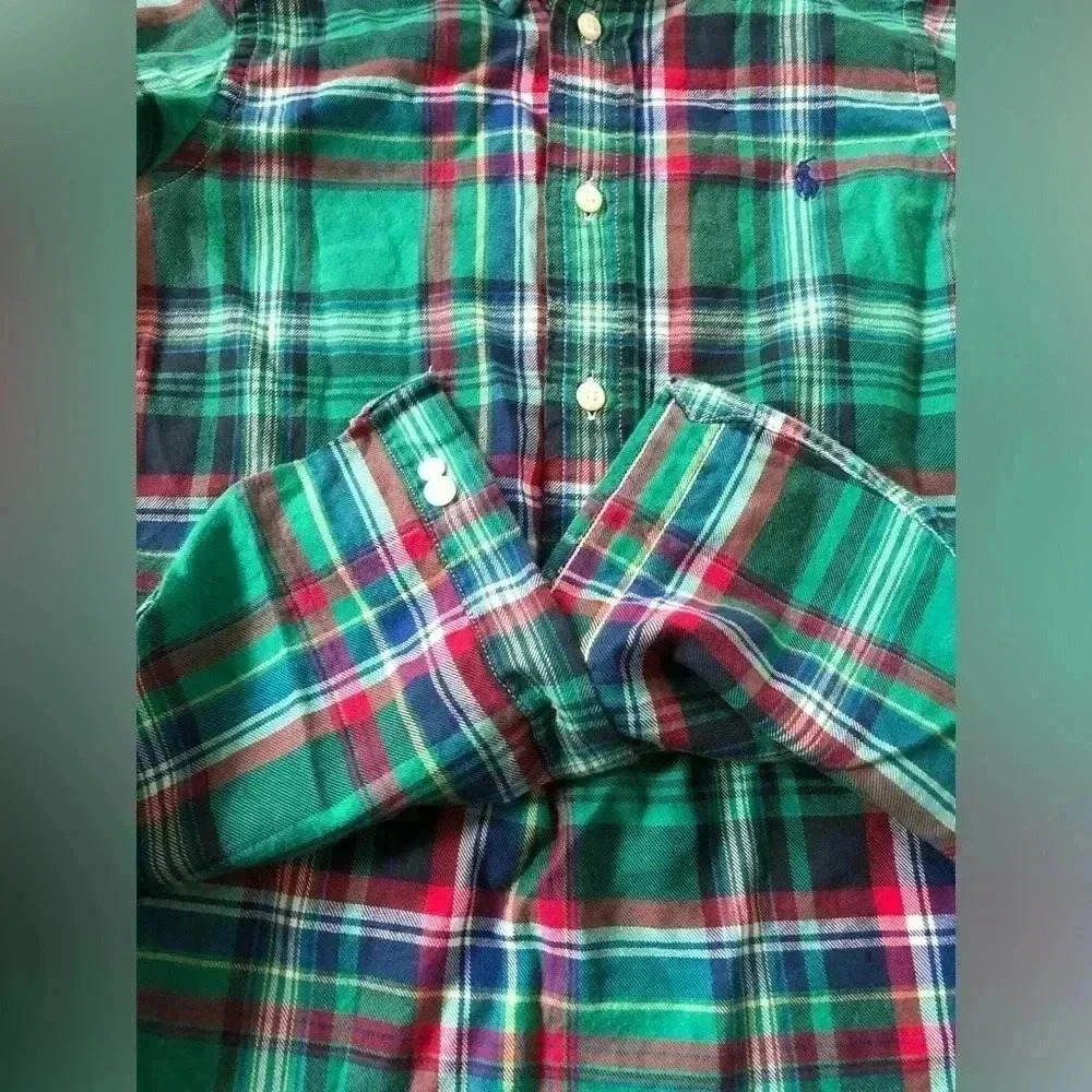 Ralph Lauren Boys 5 Green Plaid Oxford Cotton Button-Up Shirt - VGUC! - Picture 6 of 10